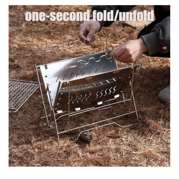 PSKOOK Camping Grill, Stainless Steel Portable Foldable Campfire Charcoal BBQ - Picture 3 of 10